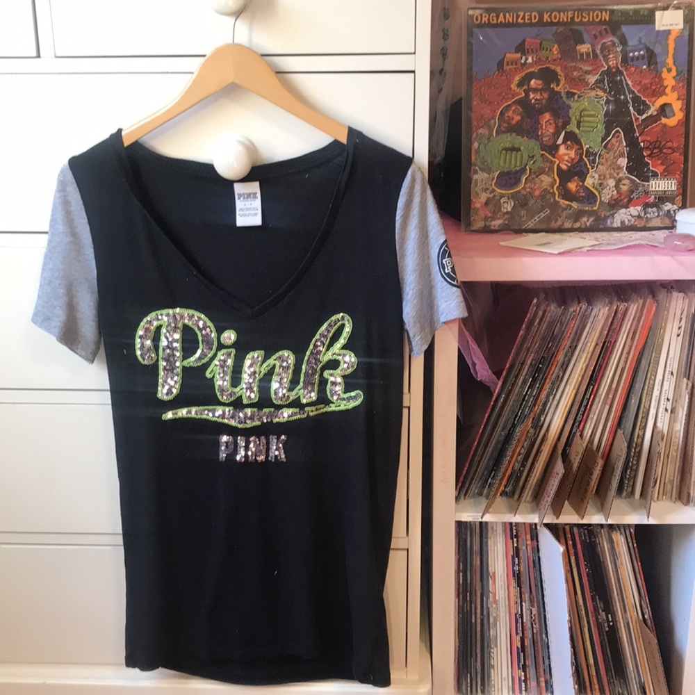 Rare Vintage PINK VS Bling Perfect V-Neck Black Green Silver Graphic Tee T-shirt